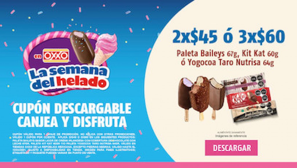 Helados y paletas al 3x2 y precios especiales por los cupones Oxxo