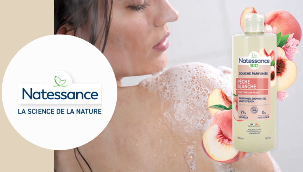 Testez gratuitement la douche parfumée Pêche blanche de Natessance bio