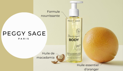 Testez gratuitement l\'huile de modelage corps à l\'huile essentielle d\'oranger de Peggy sage