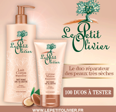 Testez gratuitement le duo lait corps et crème mains réparateur au beurre de karité du Petit Olivier